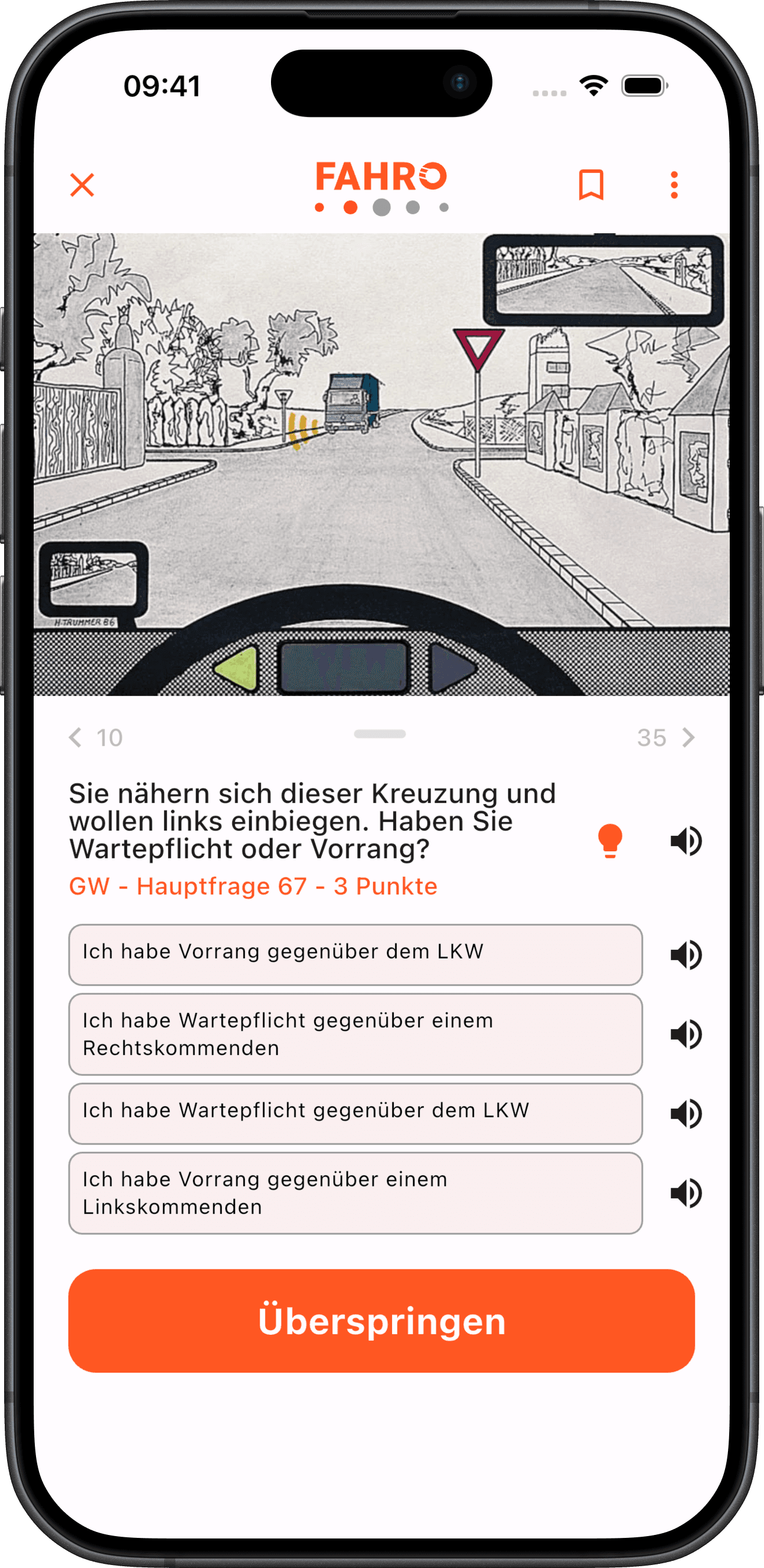 Fragenansicht mit Glühbirne und Lautsprecher-Symbolen