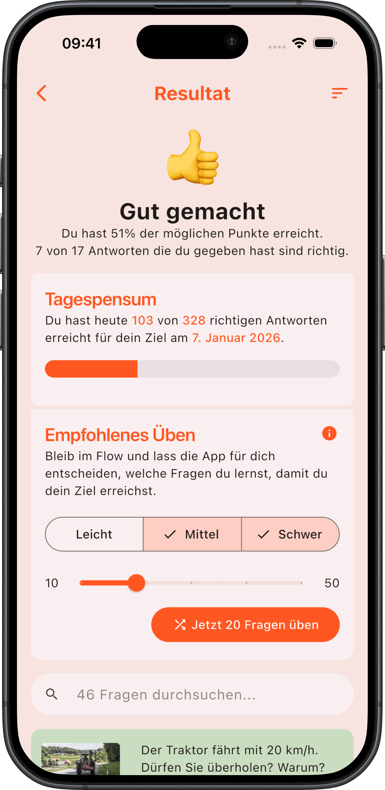 Resultat nach einer Lernrunde mit Tagespensum und empfohlenem Üben